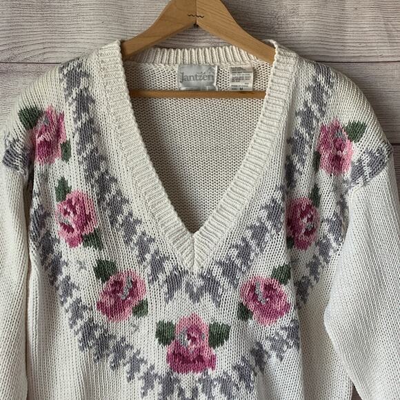 Vintage Jantzen Embroidered by Hand Sweater Floral V Neck Size Medium - Picture 2 of 14
